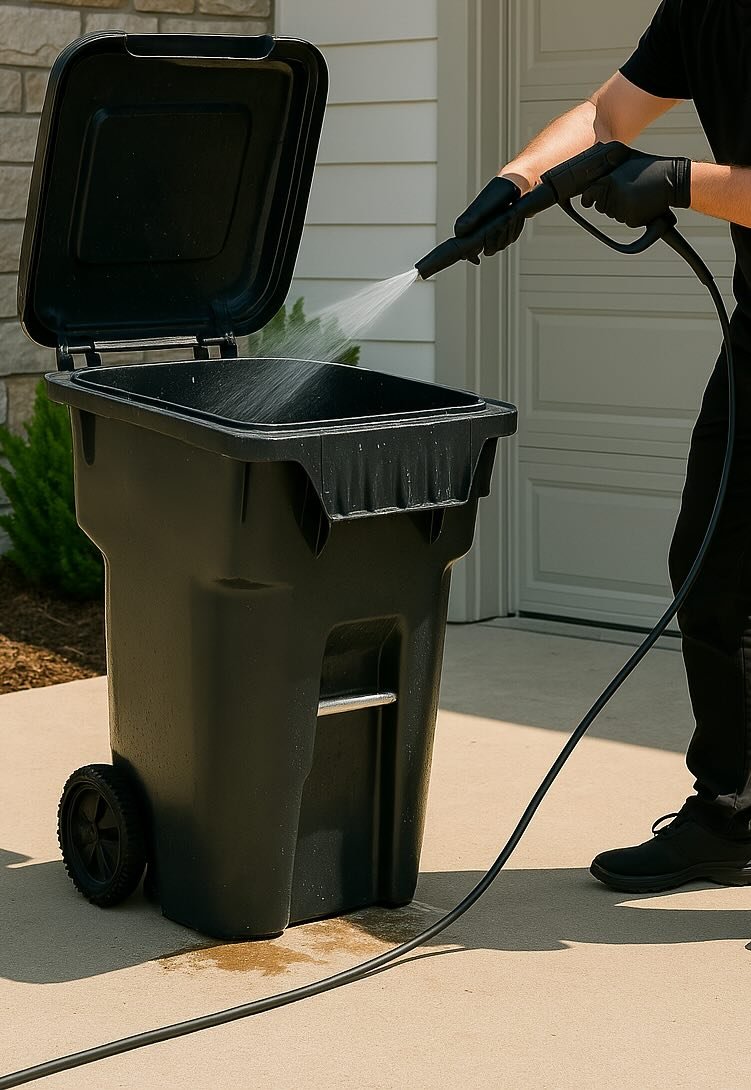 Pressure washing a black trash bin in a driveway.