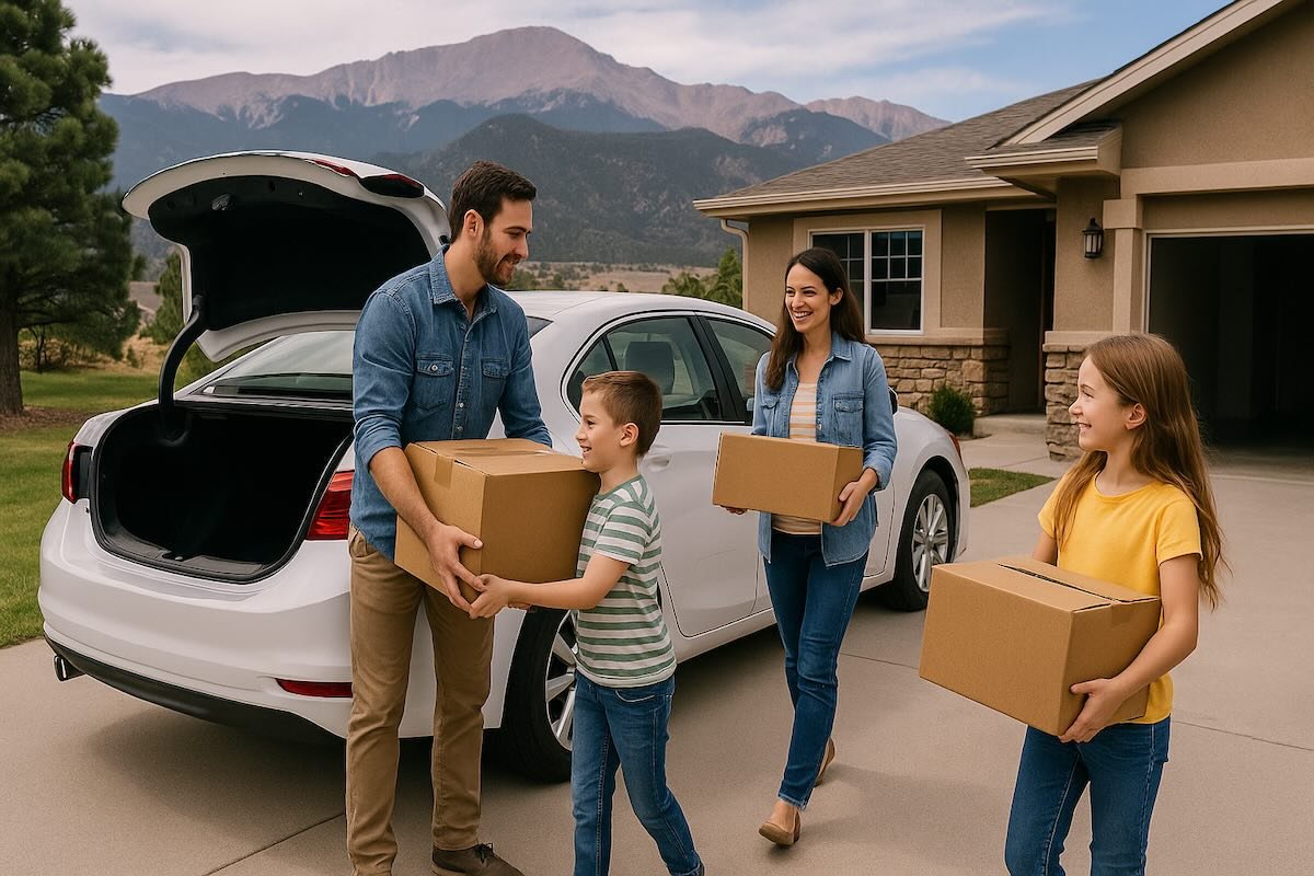 Family loading moving boxes into a white car in a driveway with mountains behind.